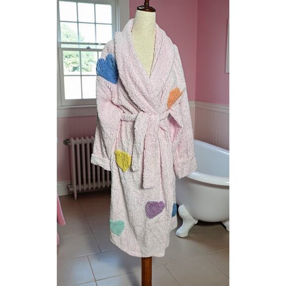Vintage 90s Canyon Group Chenille Heart Robe Pink L RARE Original Thick Long EUC - Picture 1 of 13
